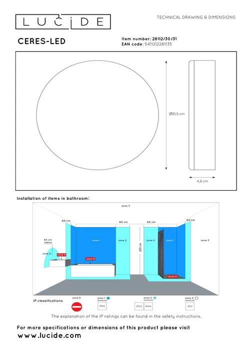Lucide CERES-LED - Plafonnier Salle de bains - Ø 21,5 cm - LED Dim. - 1x30W 3000K - IP44 - Blanc - technique